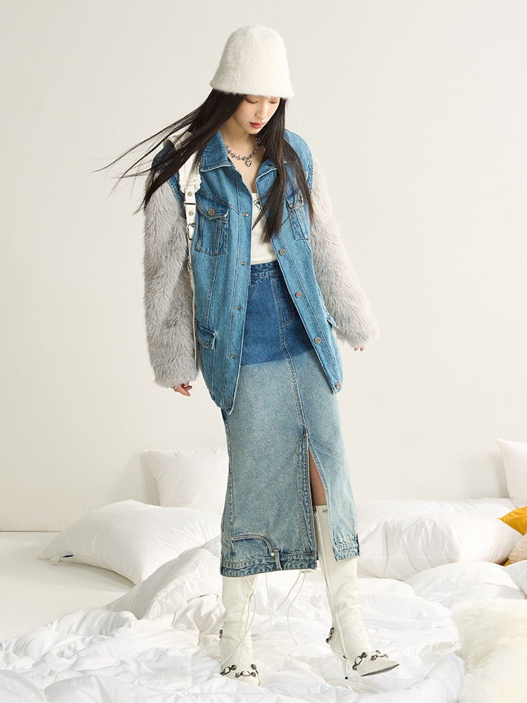 Denim Stitching Fur Jacket