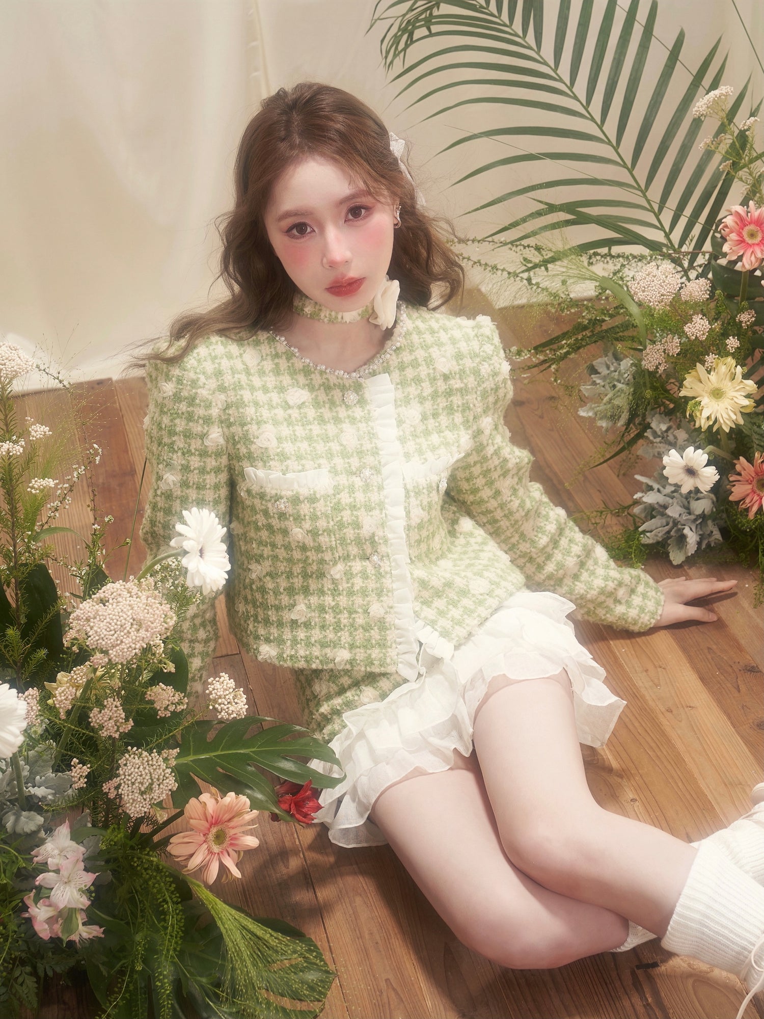 Three-dimensional Flower Fragrance Lace Jacket ＆ Cake Skirt