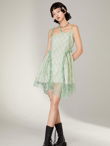 Green Lace Irregular Hem Split Sling Dress