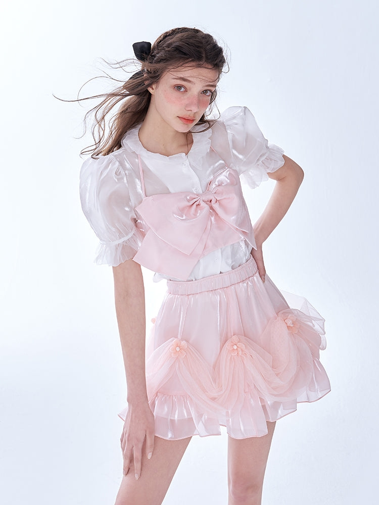 PINK GLOSSY BOW HALTER CORSET + Ruffle Skirt