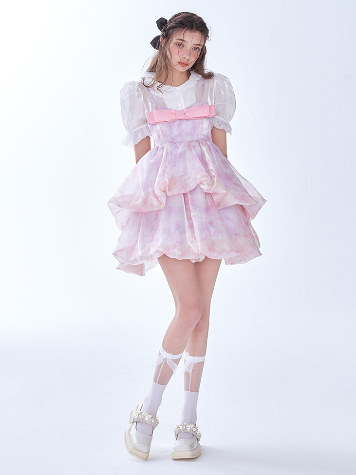 Blooming Bow Double-layer Strap Dress