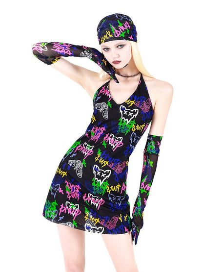 Graffiti Suspenders asymmetrical Necklace Slim Dress with Gloves