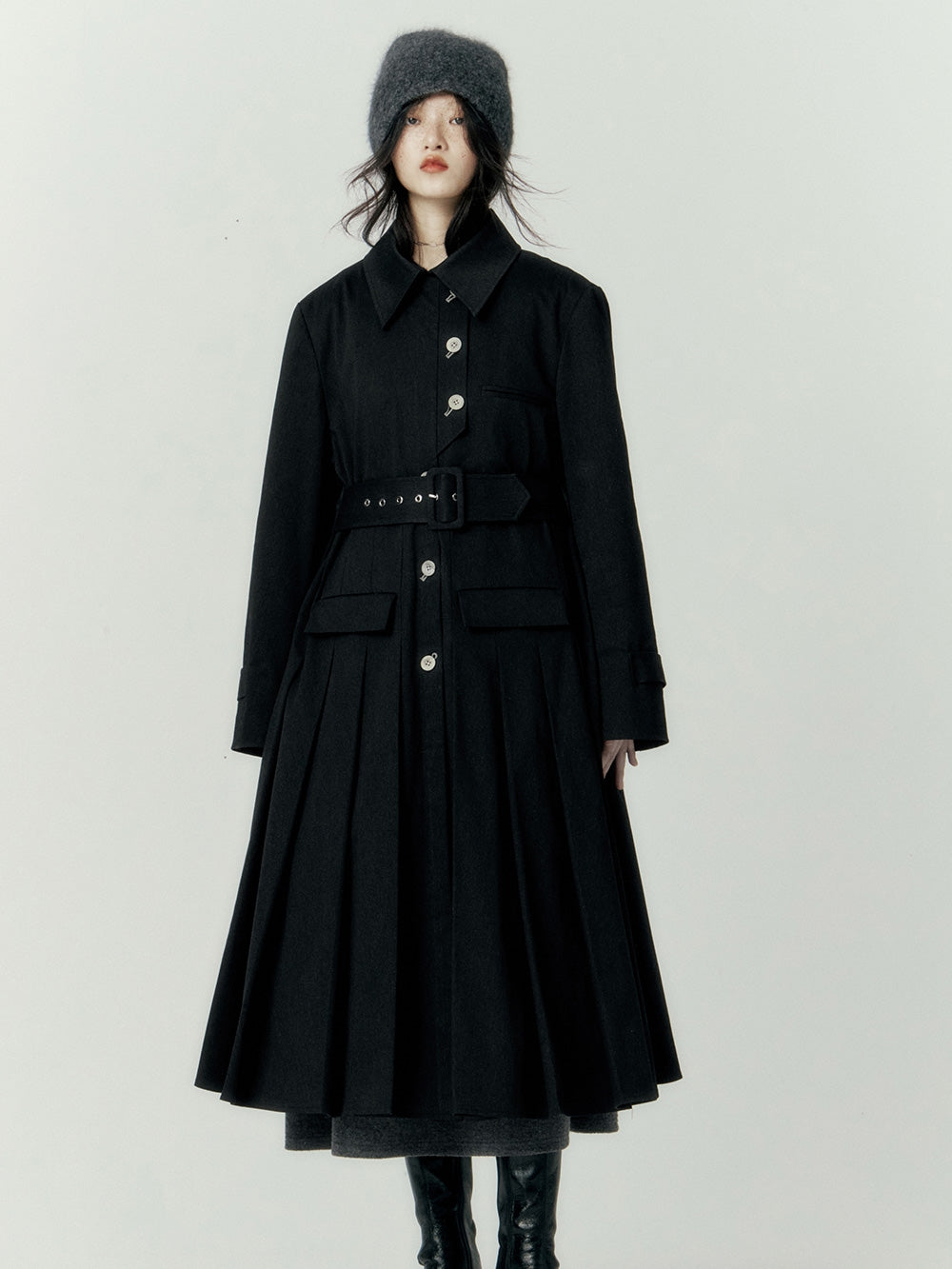 Pleats Wool Flare Long-coat