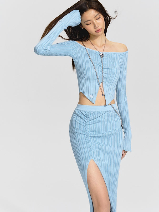 One-shoulder Knitted Top ＆ Slit Skirt