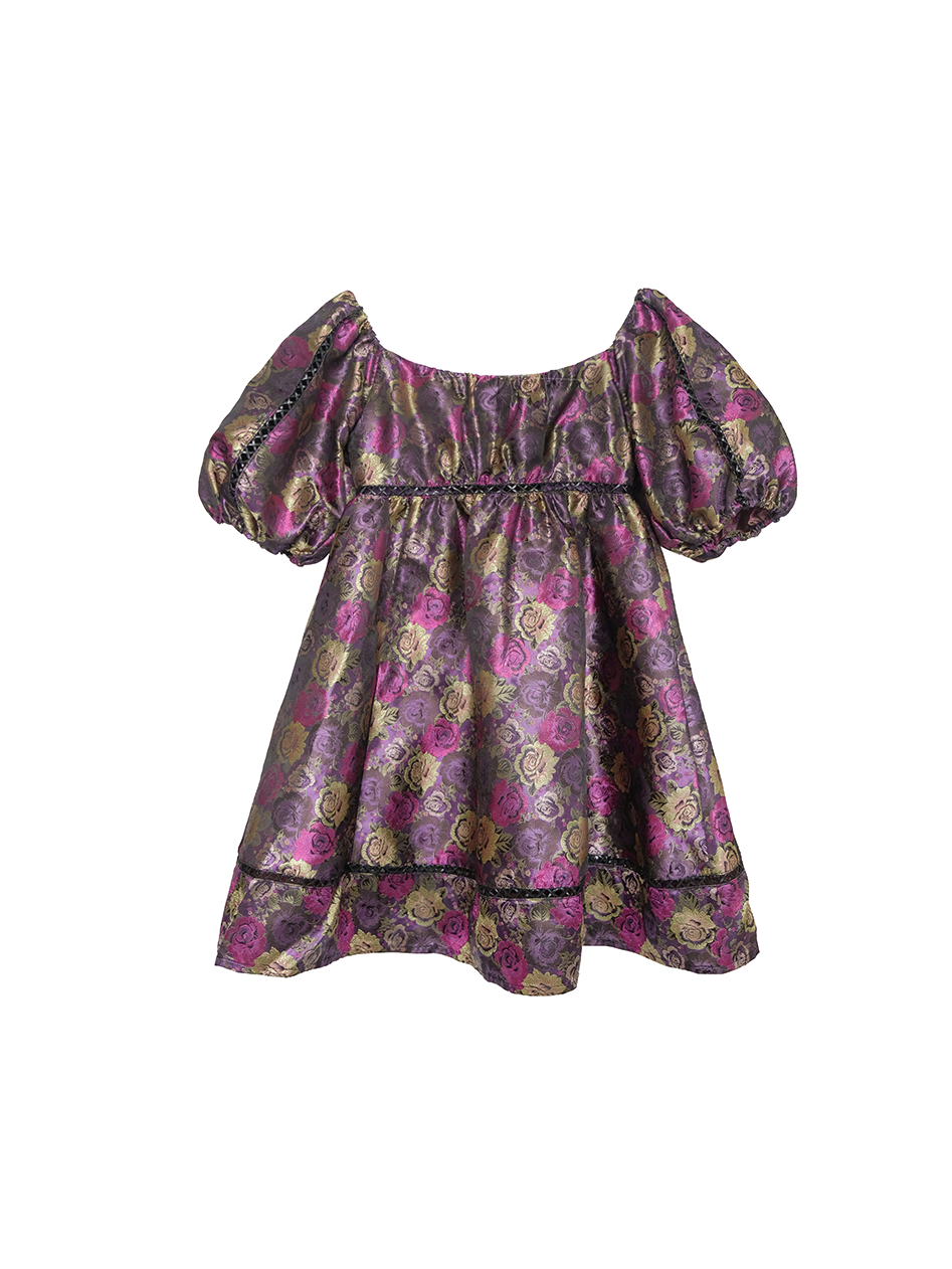 Rose Jacquard Puff Sleeve Dress