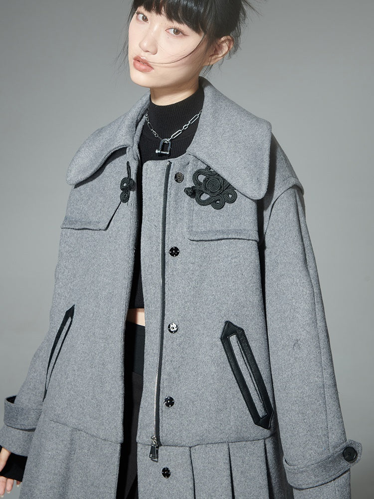 New CHINESE STYLE BUCKLE PLEATED WOOL COAT