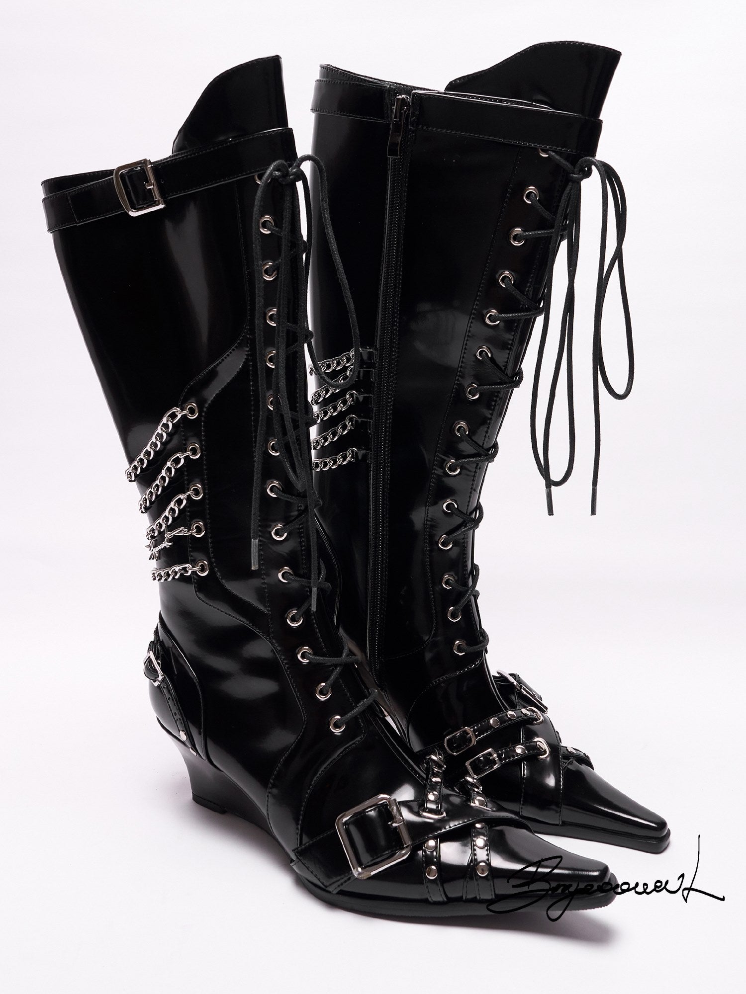 Pointed-toe Wedge Heel Lace-Up Boots