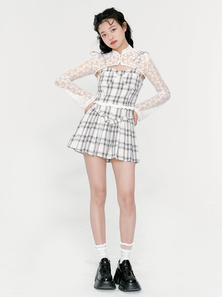 Suspender Top &amp; High Waist Pleated Skirt