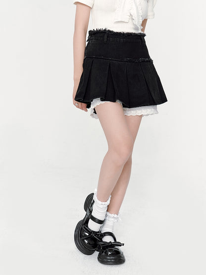 Pleated Denim Shorts Lace Culottes