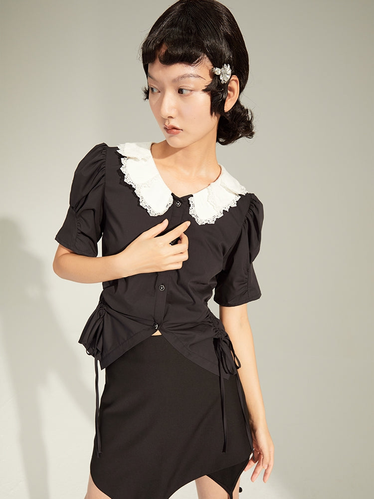 Retro Folded Collar Short-Sleeed Shirt