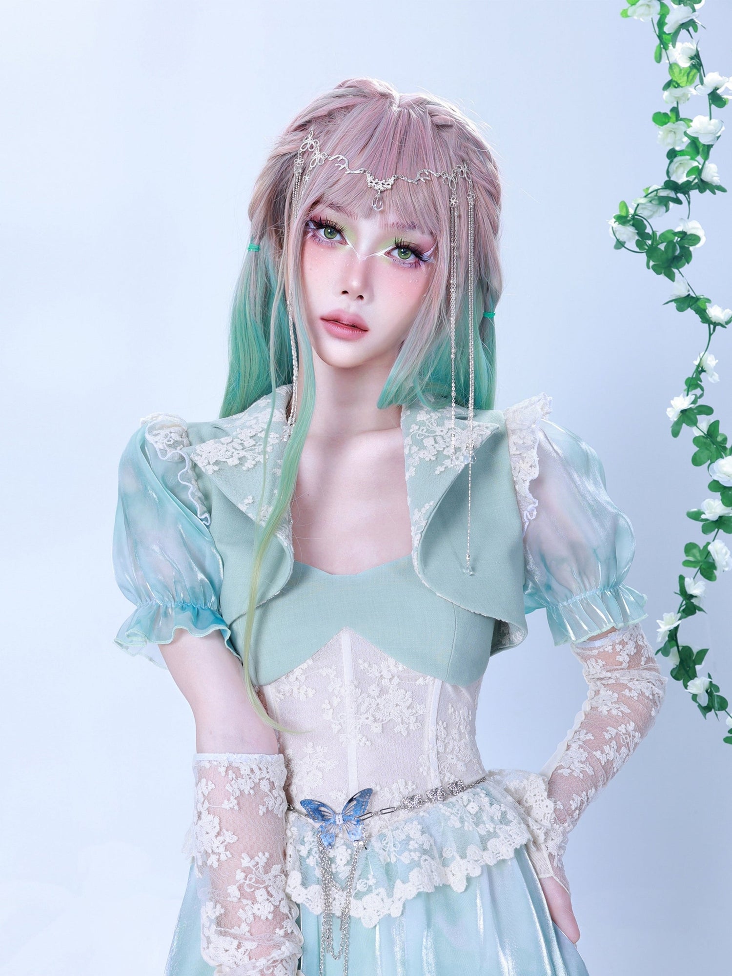 Lace Tie-Dye Puff Sleeves Short Jacket