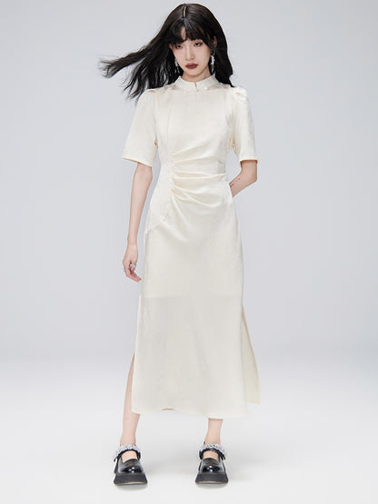 Shirred Long Cheongsam Dress