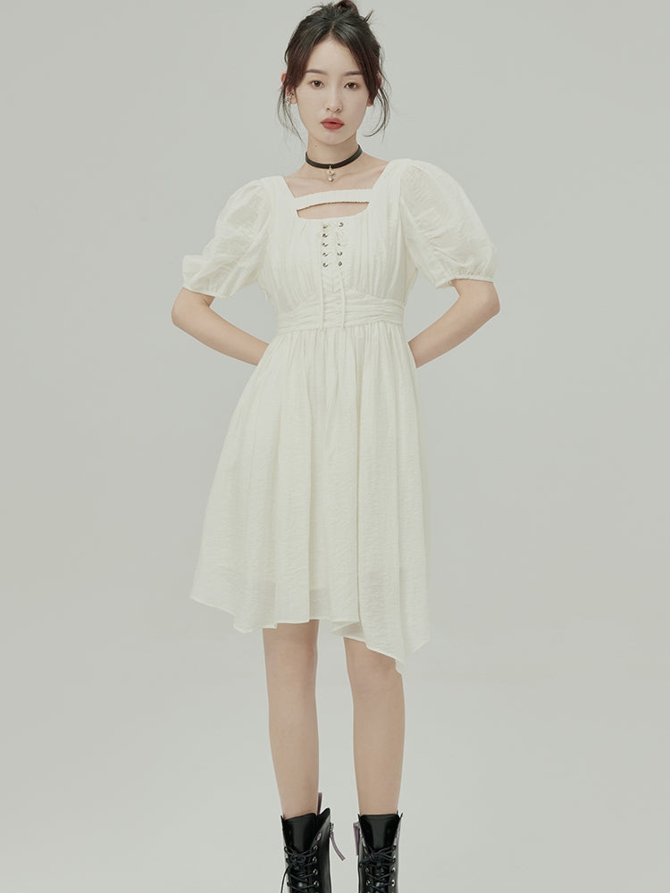 Jacquard Irregular Puff Sleeve Dress