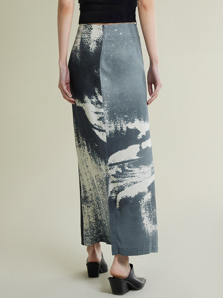 Waist Knitted Stitching Pleated Printed Skirt