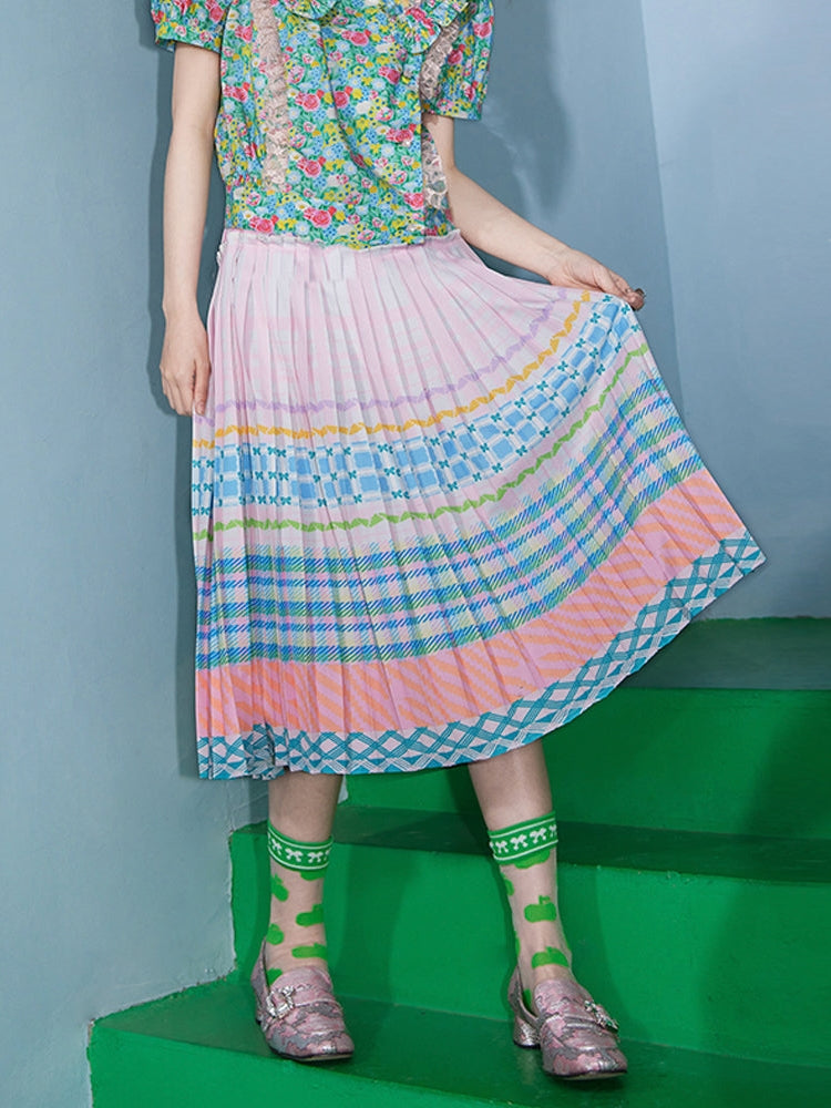 Macaron Check Striped Pattern PLEATED SKIRT