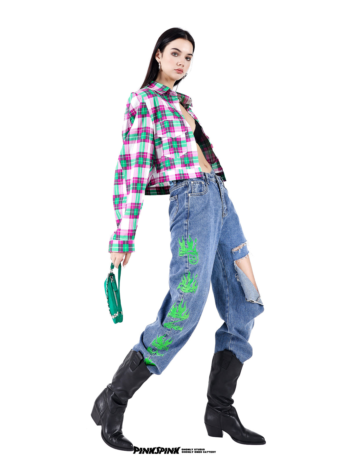 Damage High-Waist Wide-Leg Denim Pants