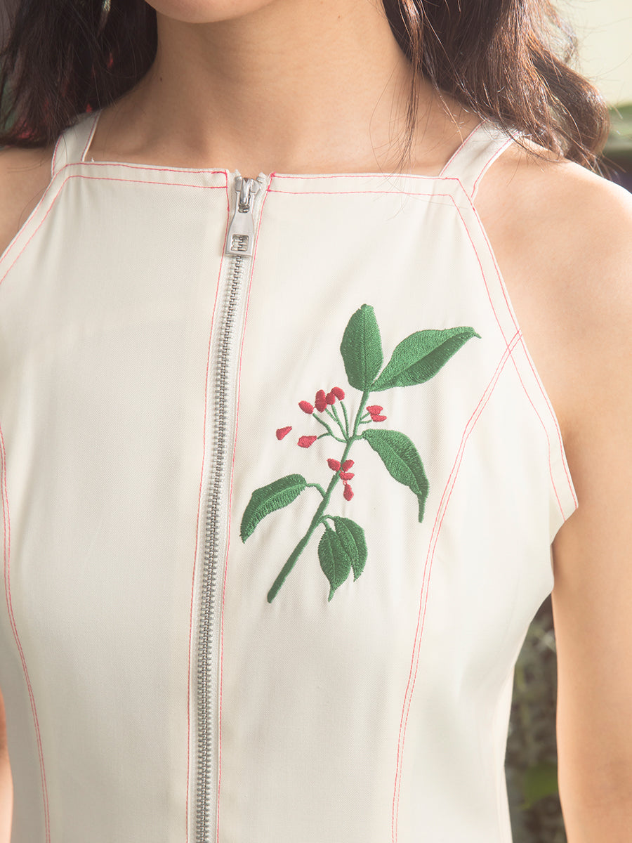 Floral Embroidery Zipper Sleeveless One-piece