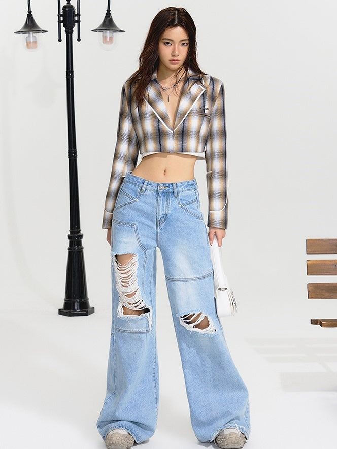 Fake Two-Piece Plaid Cropped Jacket