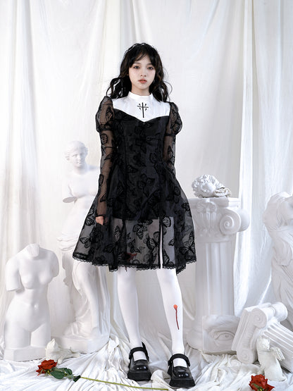 Butterfly Cross Gothic Lace Flare Sheer One-piece