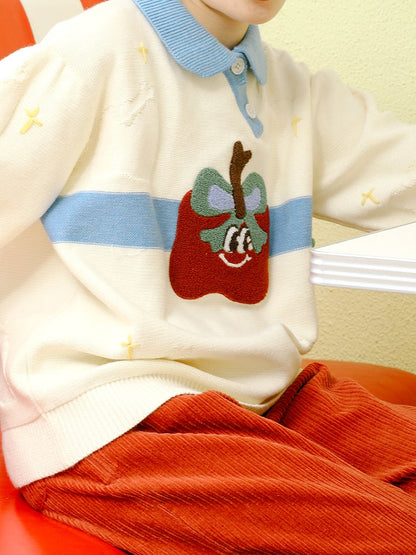 Embroidered Star Apple Doll Collar Sweater