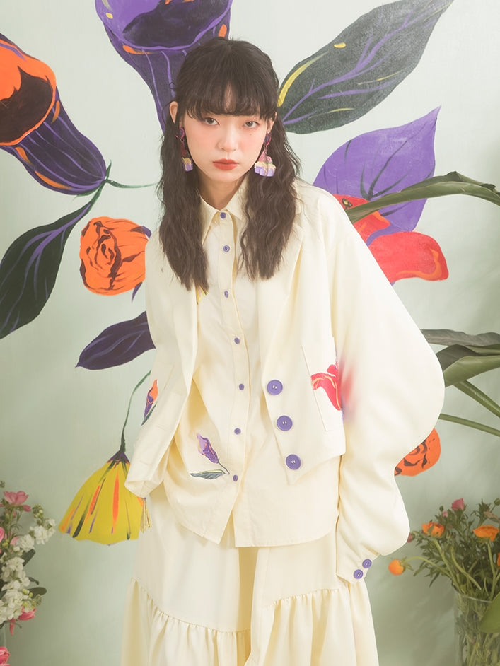 Flower Embroidery Arc-Sleeed Suit Jacket