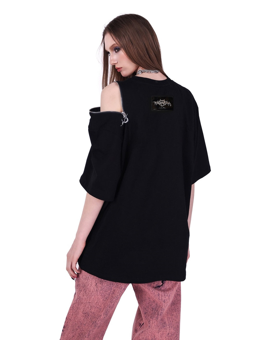 Zipper Leak Shoulder Loose Printed T-Shirt