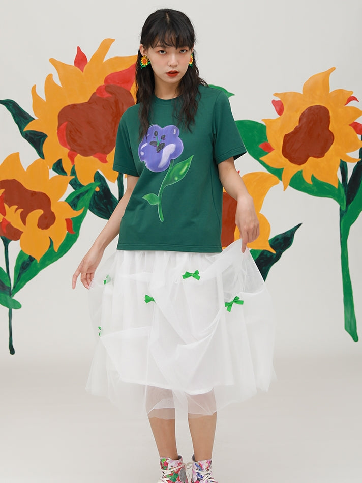 THREE-DIMENSIONAL FLOWER PRINTING T-SHIRT