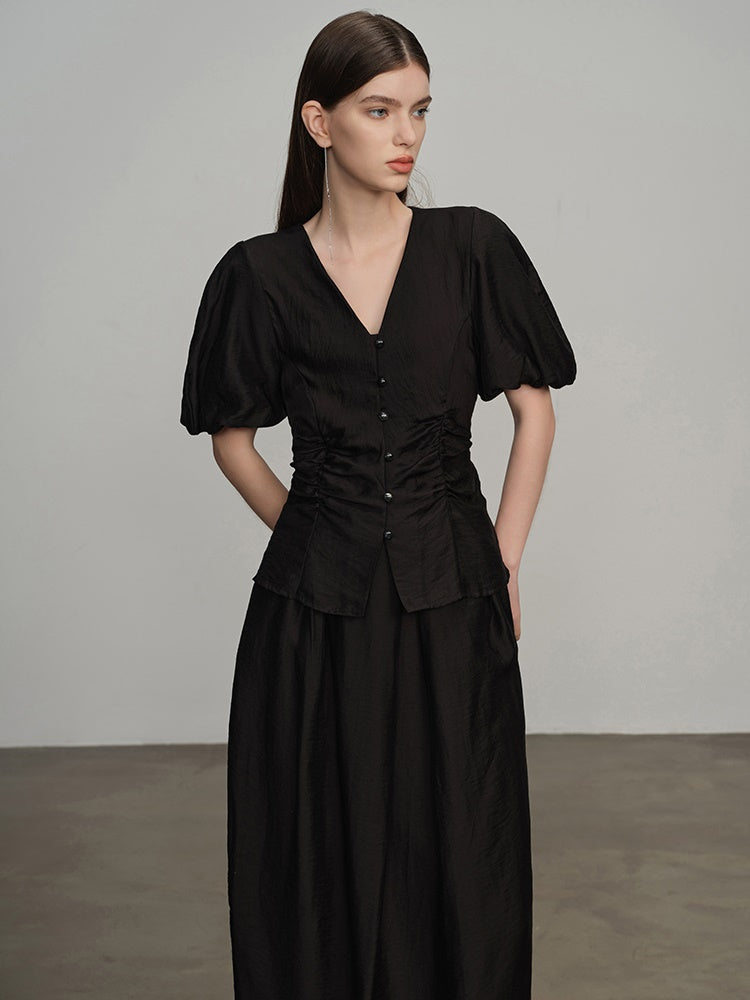 V-Neck Puff Sleeve Top ＆ Cocoon Long Skirt