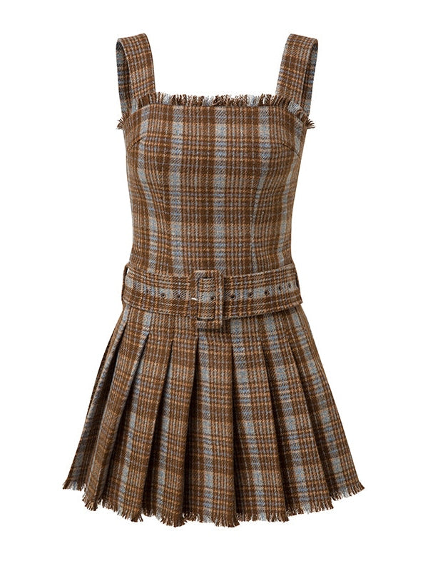 Plaid Belted Strap Skirt