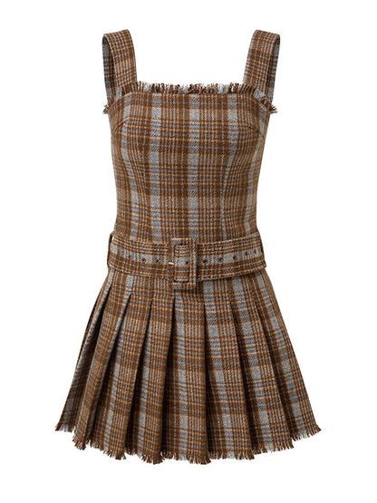 Plaid Belted Strap Skirt