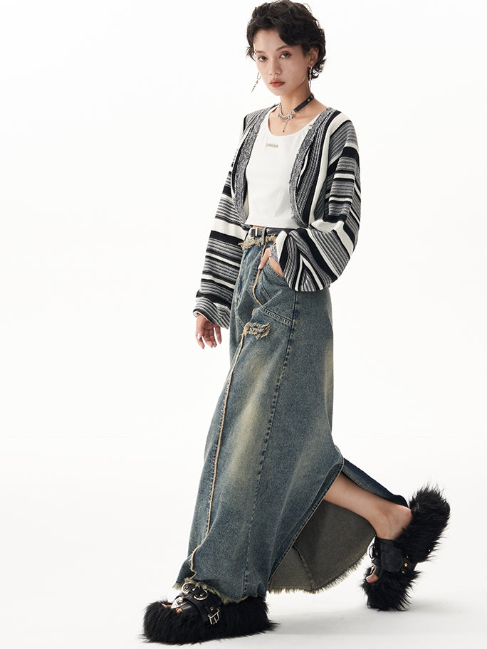 Retro Raw Edge Slit Washed Denim Skirt