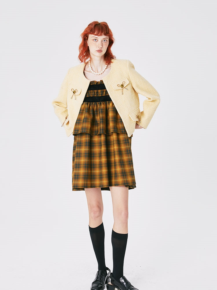 Sweet Cute Ribbon UNIQUE NO-COLLAR TWEED JACKET