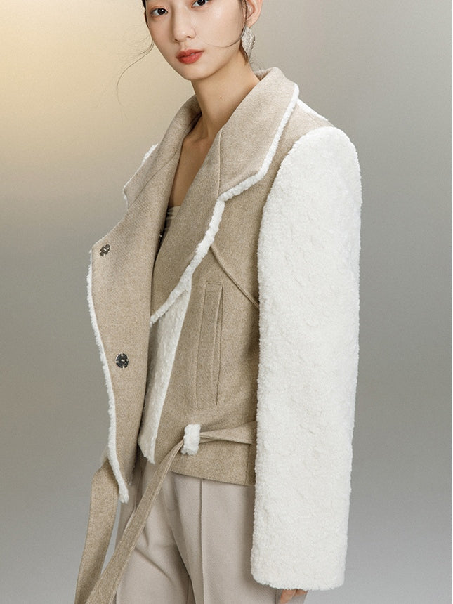 Lambskin Stitched Woolent Cropped Coat