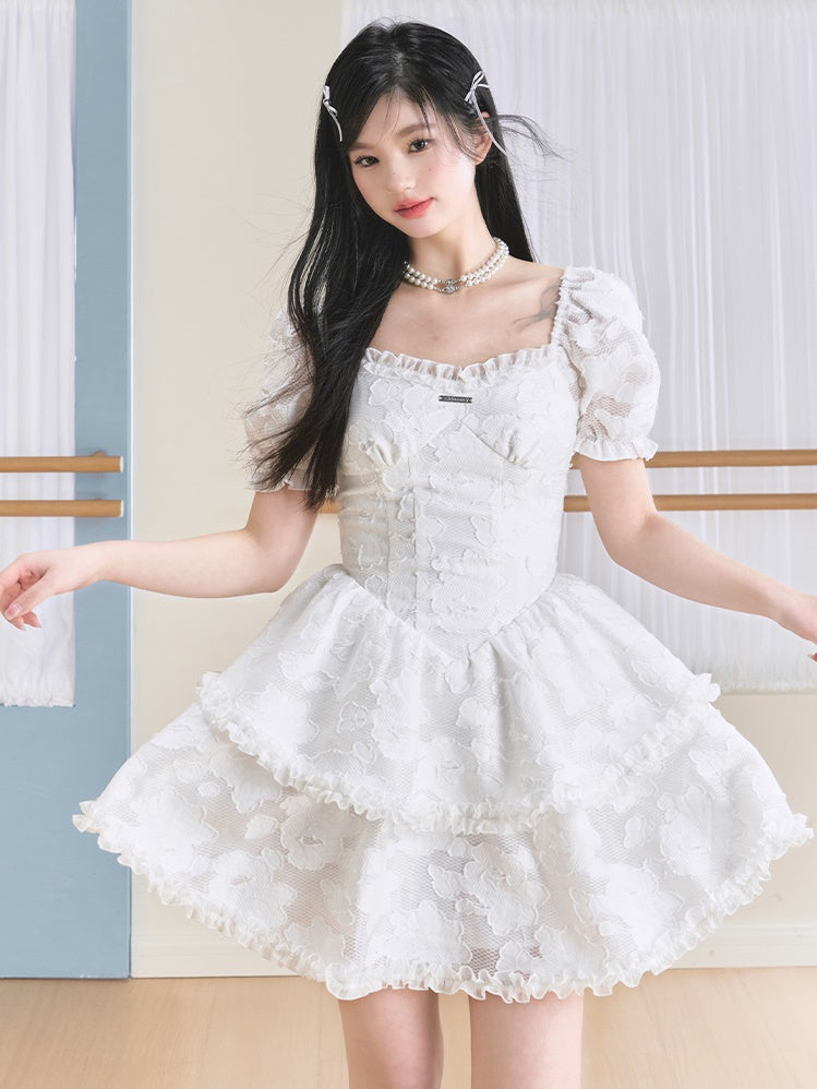 French Puff Sleeve Jacquard Fluffy Dress