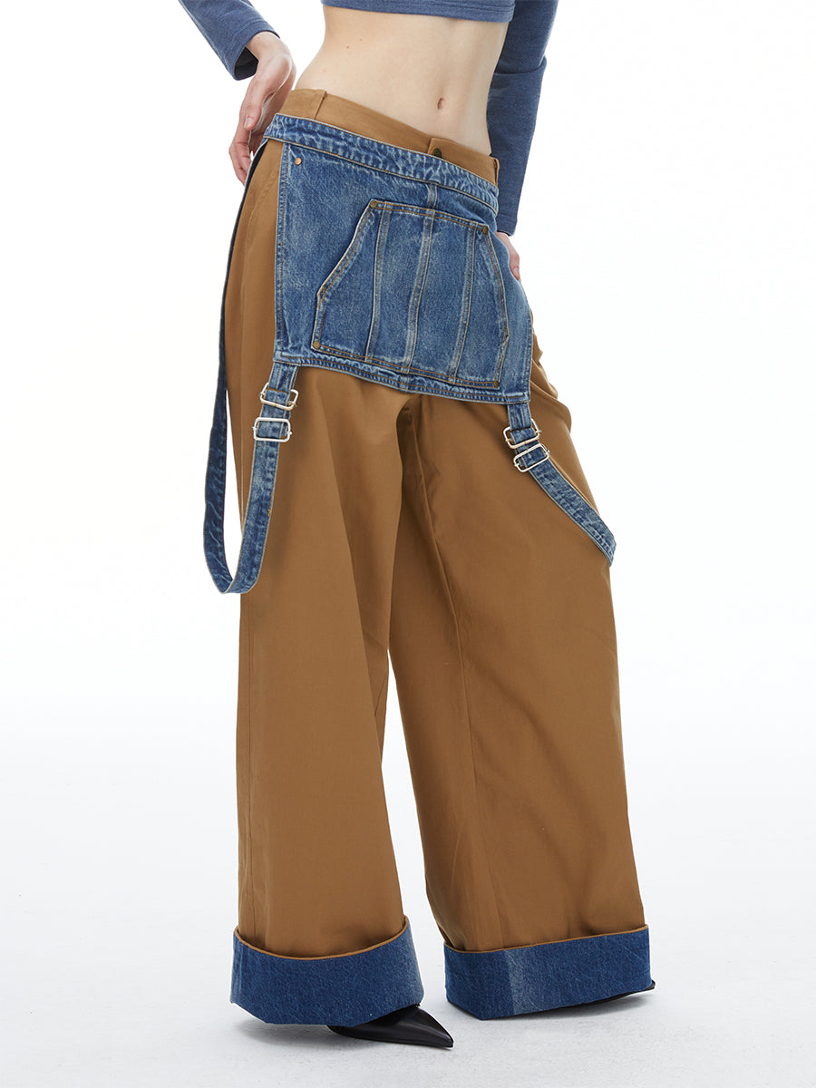 DENIM SUSPENDERS WIDE-LEG PANTS