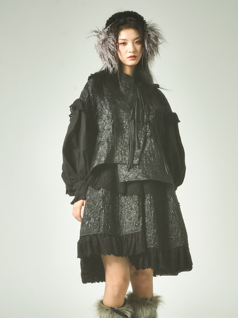 Jacquard Improved Chinese Style Lace Shirred Ruffled jacket &amp; Skirt