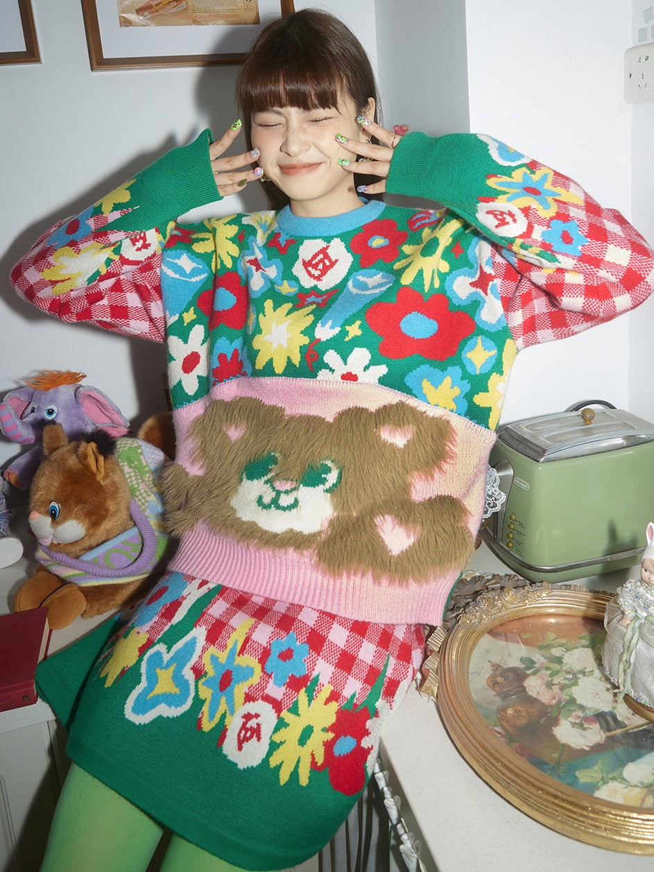 Plaid Plush Bear Flower Knitting Sweater &amp; Skirt