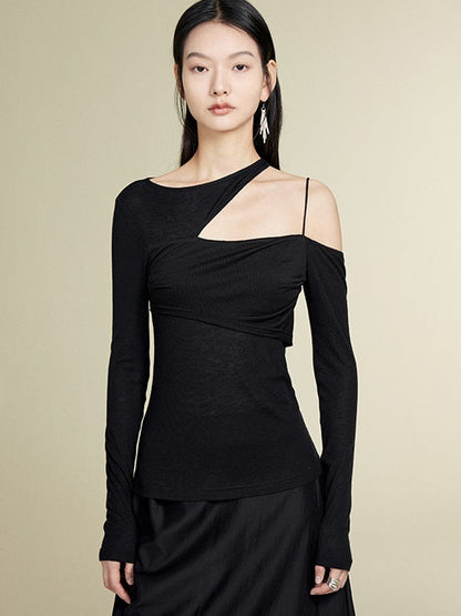 Stitching Off-the-shoulder Long-sleeved T-shirt