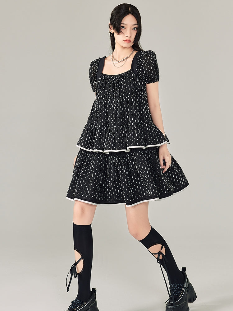 Puff Sleeves Polka Dot Short Dress