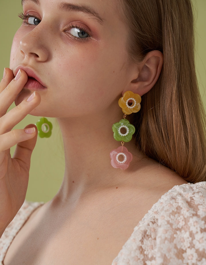 THREE-COLOR BLOOMING FLOWER LONG EARRINGS