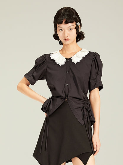 Retro Folded Collar Short-Sleeed Shirt