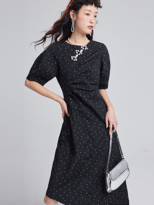 Bead Flower Jacquard Polka Dot Irregular Dress