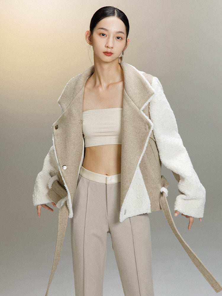 Lambskin Stitched Woolent Cropped Coat