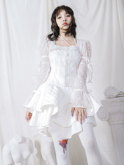 Fluffy Sheer Lace Ribbon Sweet Blouse