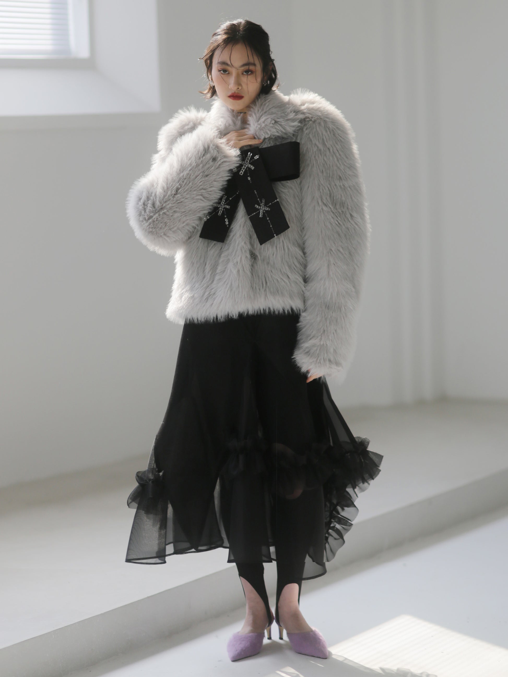 Hand-beaded Bow Decoration Faux Fur Coat