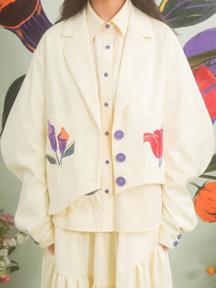 Flower Embroidery Arc-Sleeed Suit Jacket