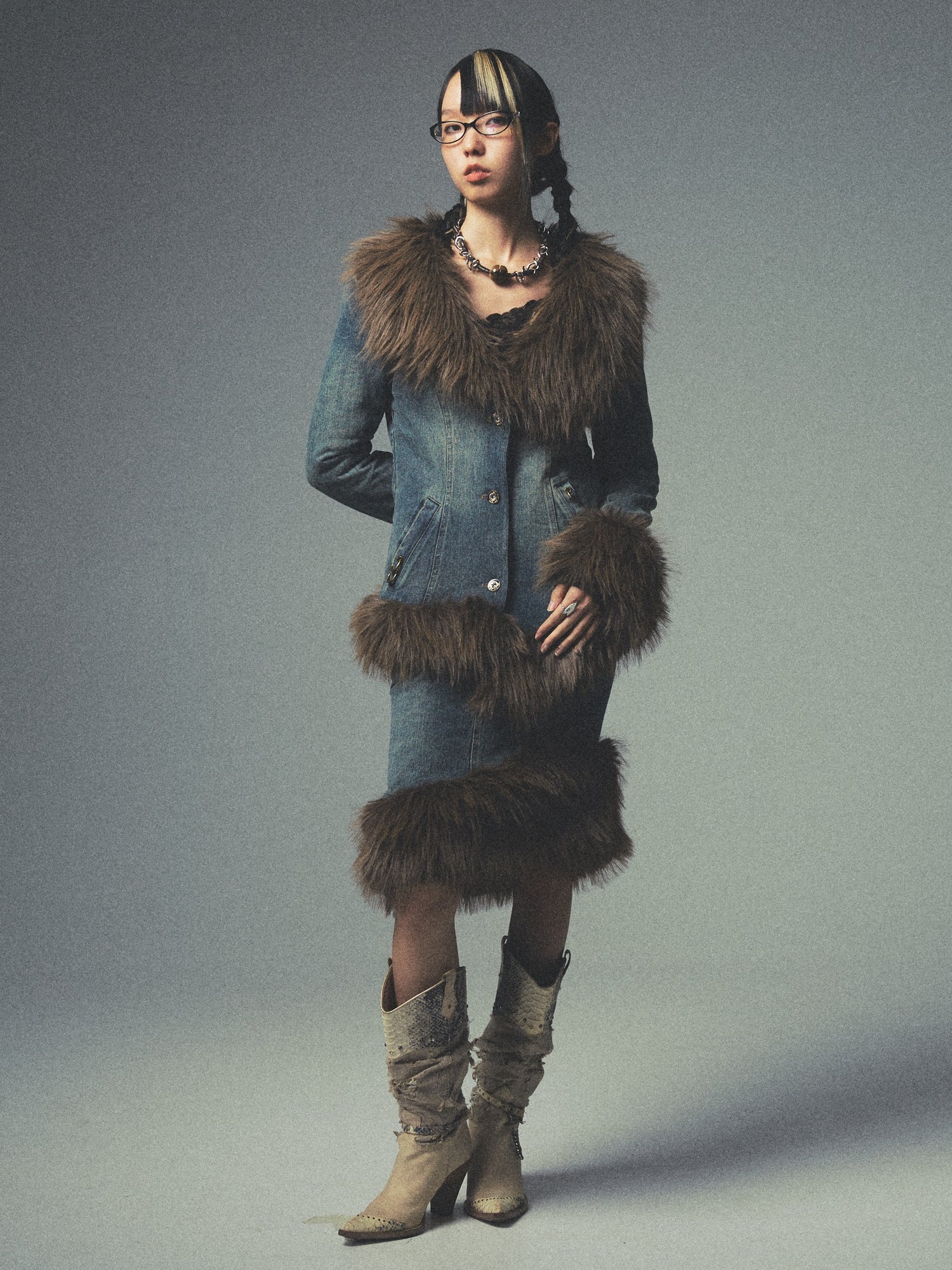 Washed Old QUILTED ASYMMETRIC FUR COLLAR Lapel Denim Jacket &amp; Skirt