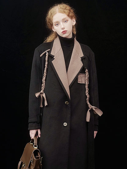 Contrasting Color Long Woolen Coat