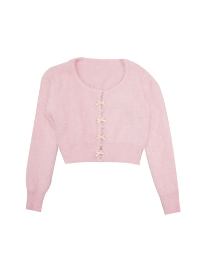 PEARL BOW SHORT KNITTED CARDIGAN