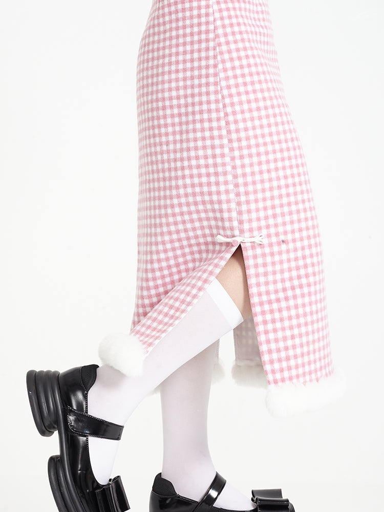 New Chinese Style Fur Fringe Plaid Skirt